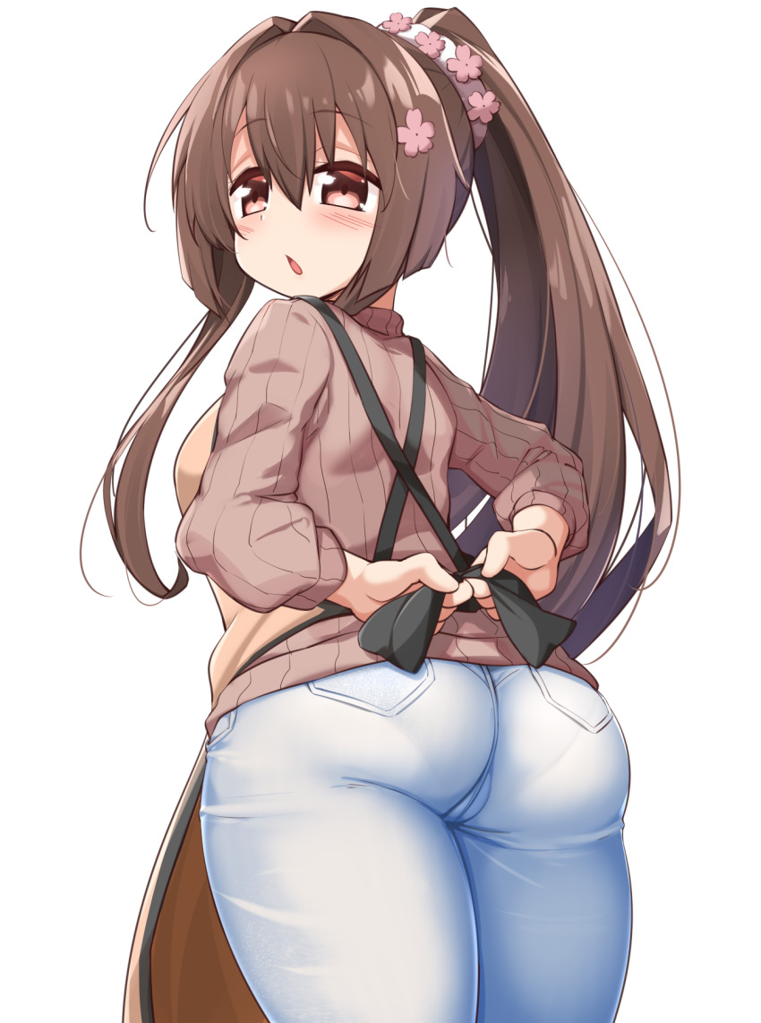 1girl, apron, ass, breasts, brown_apron, brown_eyes, brown_hair, brown_sweater, cherry_blossoms, flower, from_below, hair_flower, hair_ornament, highres, kantai_collection, kurokoshou_(emuburemu123), long_hair, long_sleeves, medium_breasts, official_alternate_costume, pants, pocket, ponytail, sidelocks, solo, sweater, very_long_hair, white_pants, yamato_(kancolle), yamato_(spring)_(kancolle)