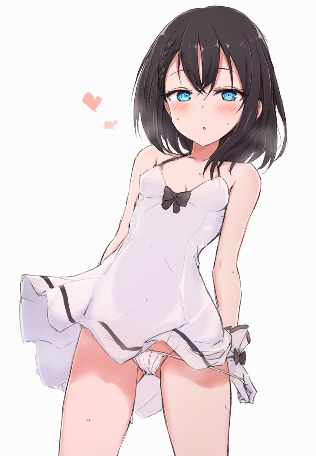 1girl, bare_arms, bare_shoulders, black_bow, black_hair, blue_eyes, blush, bow, breasts, collarbone, commentary, cowboy_shot, dress, gloves, gluteal_fold, hair_between_eyes, heart, heavy_breathing, highres, layla_(mino), looking_at_viewer, medium_hair, nonono_mino, original, panties, panty_pull, parted_lips, ringed_eyes, short_dress, simple_background, small_breasts, solo, strapless, strapless_dress, string_panties, sweat, underwear, white_background, white_dress, white_gloves, white_panties