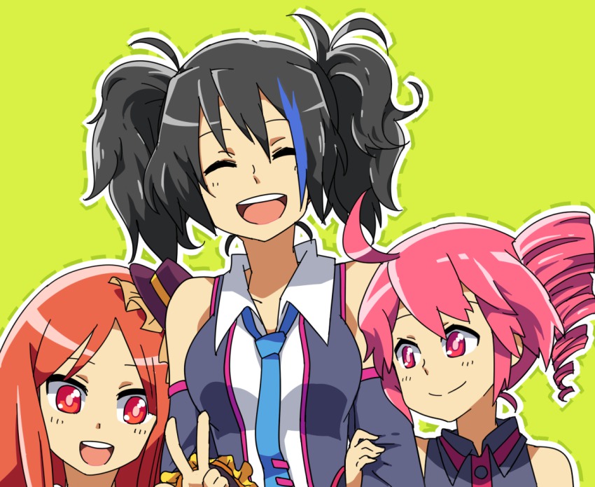 1boy, 2girls, ahoge, bad_id, bad_pixiv_id, blue_necktie, detached_sleeves, drill_hair