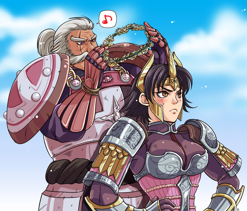 1boy, 1girl, a.k-show, armor, black_hair, blush, brown_eyes, couple, crown, facial_hair, grey_hair, hands_on_own_hips, long_hair, ponytail, purple_eyes, scar, sengoku_musou, sengoku_musou_2, shimazu_yoshihiro_(sengoku_musou), short_hair, tachibana_ginchiyo_(sengoku_musou), wreath