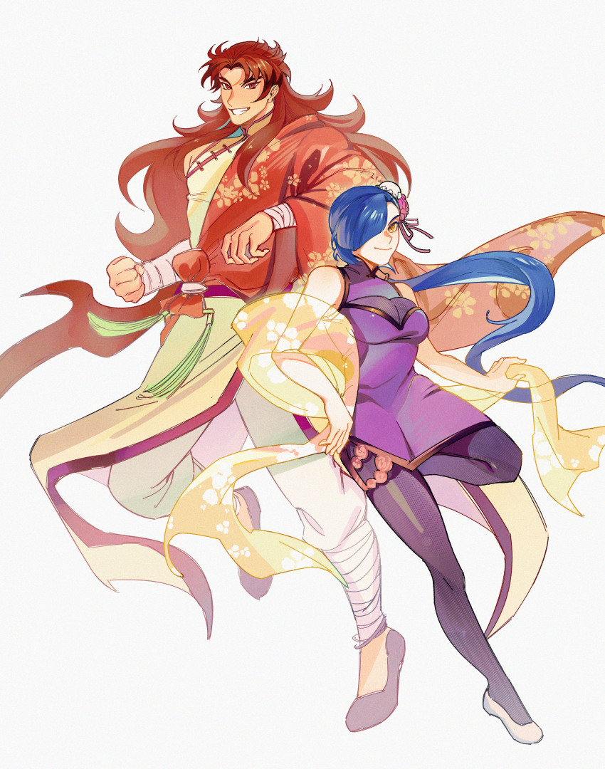 1boy, 1girl, absurdres, back_arrow, black_footwear, black_legwear, blue_hair, breasts