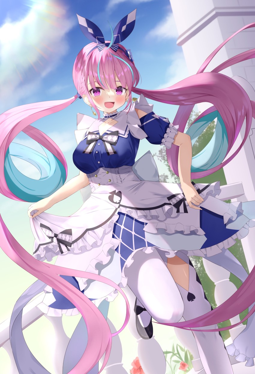 1girl, :d, absurdly_long_hair, absurdres, ahoge, black_bow, black_bowtie, black_shoes