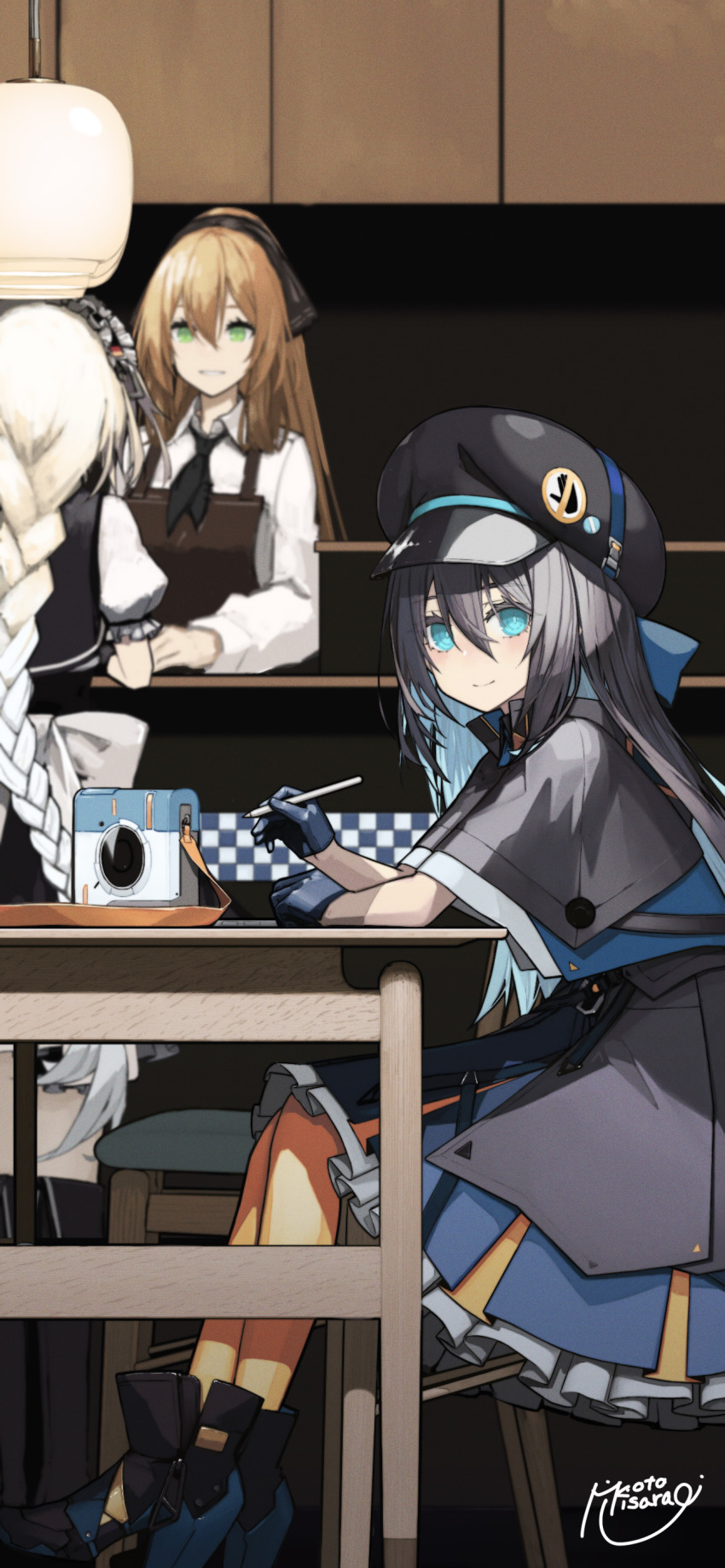 3girls, absurdres, apron, black_capelet, black_footwear, black_hair, blue_eyes, blue_gloves