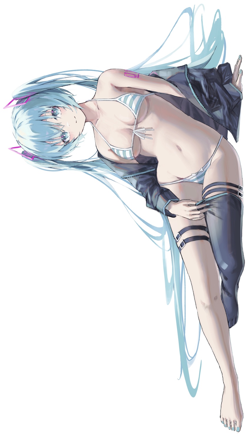 1girl, absurdres, arm_support, azarasi_haru, bare_legs, bare_shoulders, barefoot, bikini, black_jacket, black_thighhighs, blue_eyes, blue_hair, blush, breasts, closed_mouth, commentary_request, front-tie_top, hair_between_eyes, hair_ornament, halterneck, hatsune_miku, highres, jacket, long_hair, long_sleeves, looking_at_viewer, medium_breasts, nail_polish, navel, off_shoulder, sideways, simple_background, single_thighhigh, sitting, smile, solo, stomach, string_bikini, striped_bikini, striped_clothes, swimsuit, thigh_strap, thighhighs, toenail_polish, toenails, very_long_hair, vocaloid, white_background