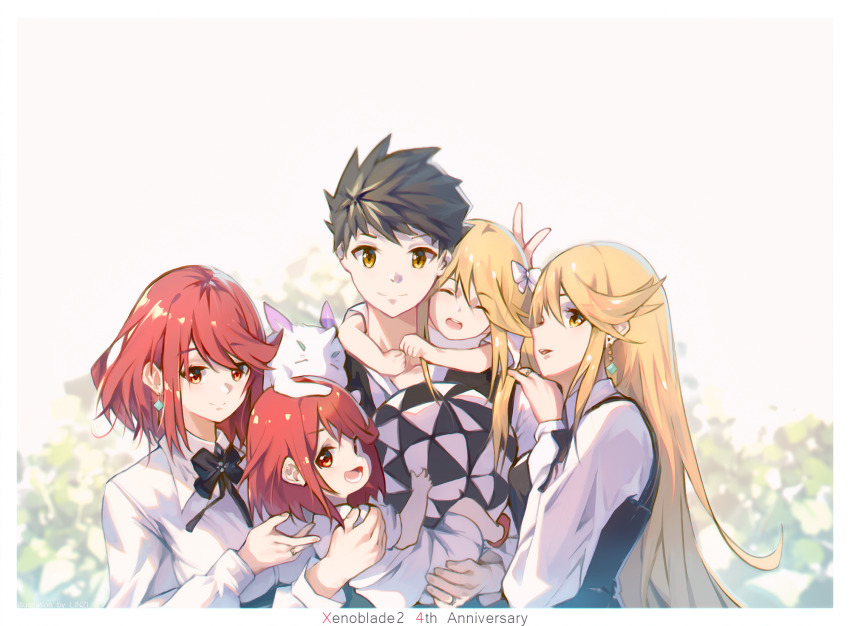 1boy, 4girls, aged_up, anniversary, azurda_(xenoblade), blonde_hair, brown_hair, child, copyright_name, dual_persona, earrings, family, father_and_child, father_and_daughter, formal_clothes, future, good_end, happy, highres, holding_person, husband_and_wives, if_they_mated, jewelry, linzi, looking_at_viewer, matching_hair/eyes, mother_and_child, mother_and_daughter, multiple_girls, mythra_(xenoblade), nintendo, parent_and_child, polygamy, pyra_(xenoblade), red_eyes, red_hair, rex_(xenoblade), upper_body, xenoblade_chronicles_(series), xenoblade_chronicles_2, yellow_eyes