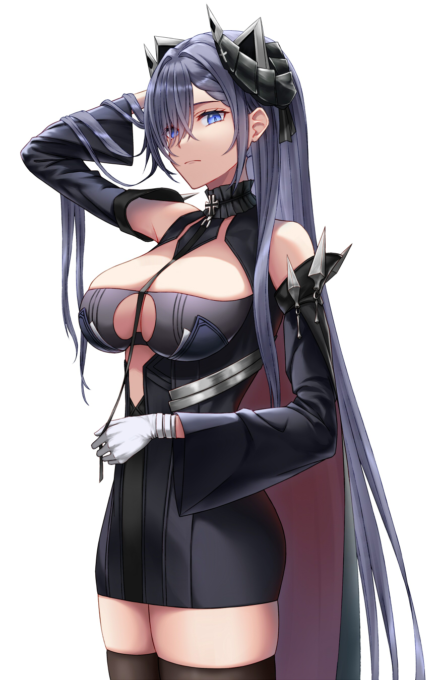 1girl, august_von_parseval_(azur_lane), azur_lane, bare_shoulders, black_cape, black_dress, black_thighhighs, blue_eyes