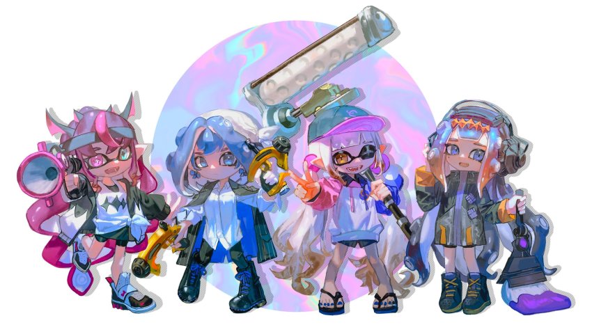 +_+, 4girls, baseball_cap, coat, dapple_dualies_(splatoon), dynamo_roller_(splatoon), flip-flops, hat
