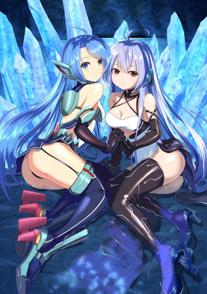 2girls, ahoge, armored_boots, ass, azur_lane, backless_outfit, bare_shoulders, bareback