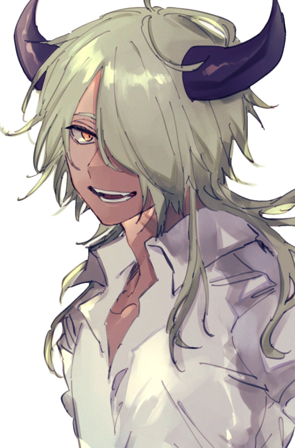 1boy, black_horns, dark-skinned_male, dark_skin, demon_horns, demon_king_tasogare, green_hair, hair_over_one_eye