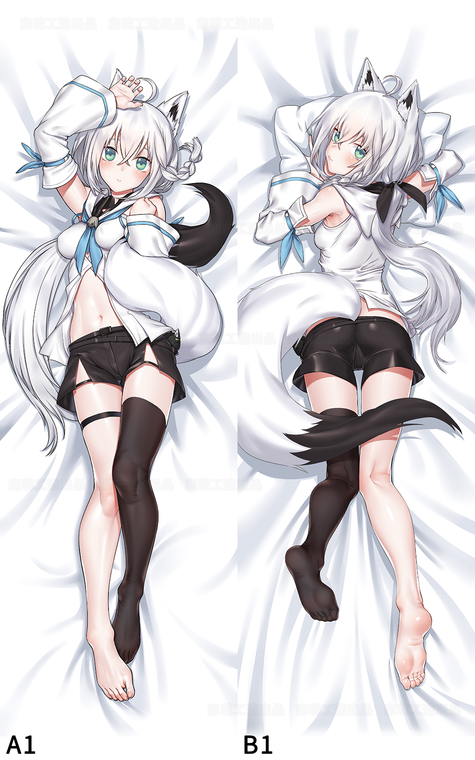 1girl, animal_ears, asymmetrical_legwear, barefoot, bed_sheet, black_shorts, black_thighhighs, blush, dakimakura_(medium), detached_sleeves, fox_ears, fox_tail, from_above, full_body, green_eyes, hair_between_eyes, highres, hololive, hololive_gamers, long_hair, long_sleeves, looking_at_viewer, looking_back, lying, midriff, navel, on_back, on_stomach, ribbon-trimmed_sleeves, ribbon_trim, shirakami_fubuki, shirakami_fubuki_(1st_costume), short_shorts, shorts, silver_hair, single_thighhigh, soles, stomach, tail, thighhighs, very_long_hair, virtual_youtuber, white_sleeves, yamano_serika
