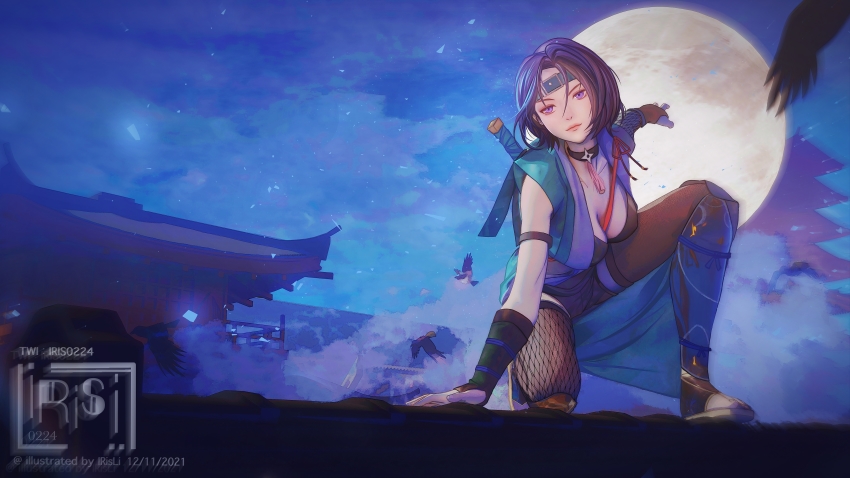 1girl, 2021, absurdres, asymmetrical_legwear, asymmetrical_sleeves, between_breasts, bird, black_choker