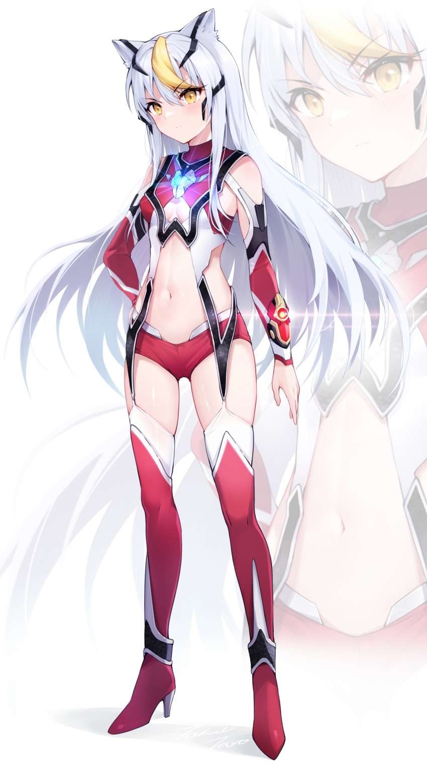 1girl, absurdres, blush, boots, breasts, cleavage, closed_mouth, detached_sleeves, floating_hair, full_body, hair_between_eyes, high_heel_boots, high_heels, highres, long_hair, long_sleeves, looking_at_viewer, micro_shorts, midriff, multicolored_hair, navel, red_boots, red_shorts, red_sleeves, shorts, silver_hair, small_breasts, solo, standing, stomach, streaked_hair, taro_(ultrataro), thigh_boots, thighhighs, ultra_series, ultraman_mebius, ultraman_mebius_(mebius_infinity), ultraman_mebius_(series), very_long_hair, white_background, yellow_eyes, zoom_layer