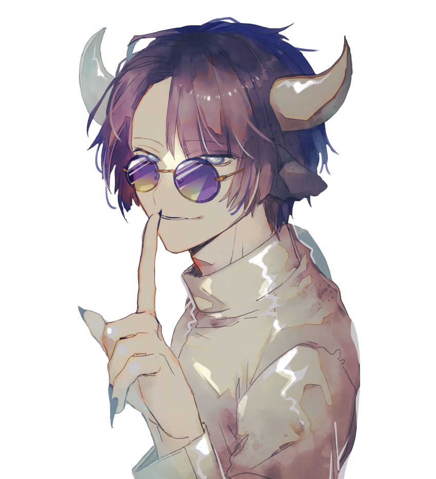 animal_ears, black_nails, brown_hair, artistic_error, glasses, grey_eyes, highres, horns