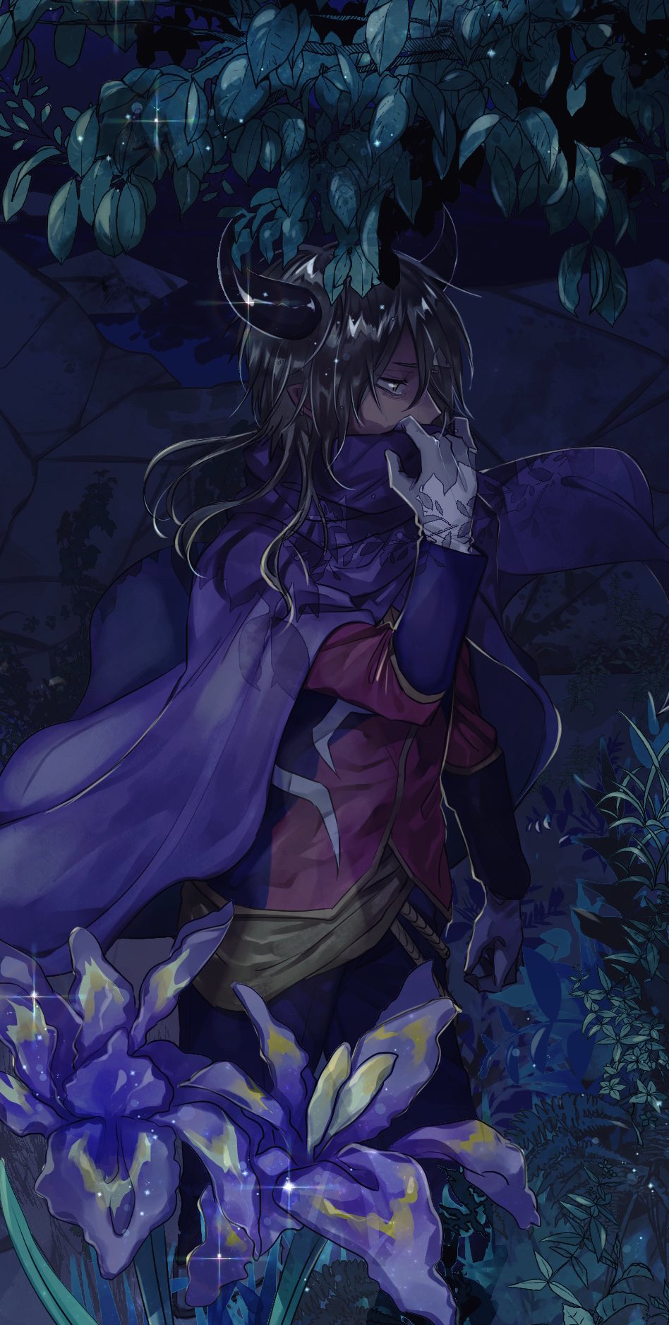 1boy, black_hair, black_horns, cape, demon_horns, demon_king_tasogare, gloves, highres