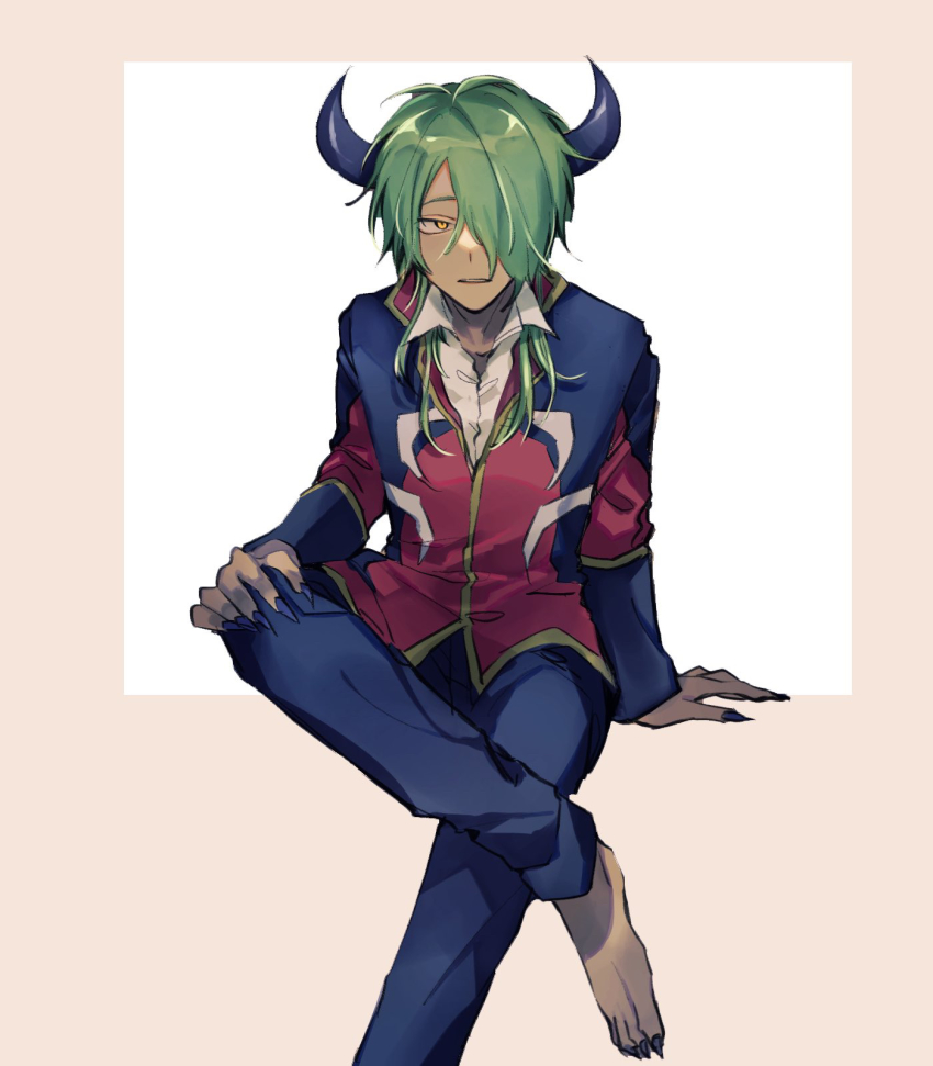 1boy, barefoot, black_horns, black_nails, dark-skinned_male, dark_skin, demon_horns, demon_king_tasogare, foot_out_of_frame, green_hair, hair_over_one_eye, hand_on_own_knee, highres, horns, invisible_chair, koma_(komagoma_co), crossed_legs, long_hair, long_sleeves, looking_at_viewer, male_focus, maou-jou_de_oyasumi, nail_polish, pants, pink_background, simple_background, sitting, solo, two-tone_background, yellow_eyes