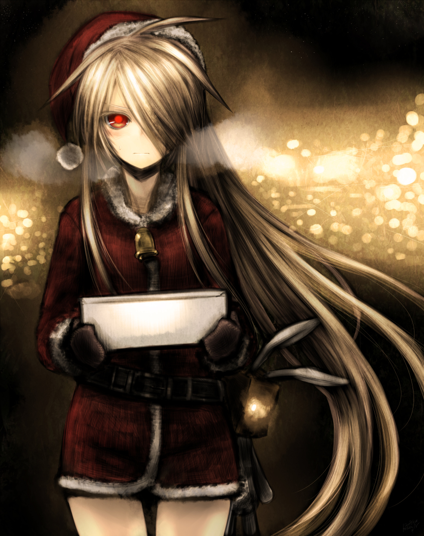 1girl, absurdres, bell, blonde_hair, blush, christmas, female_focus, gift