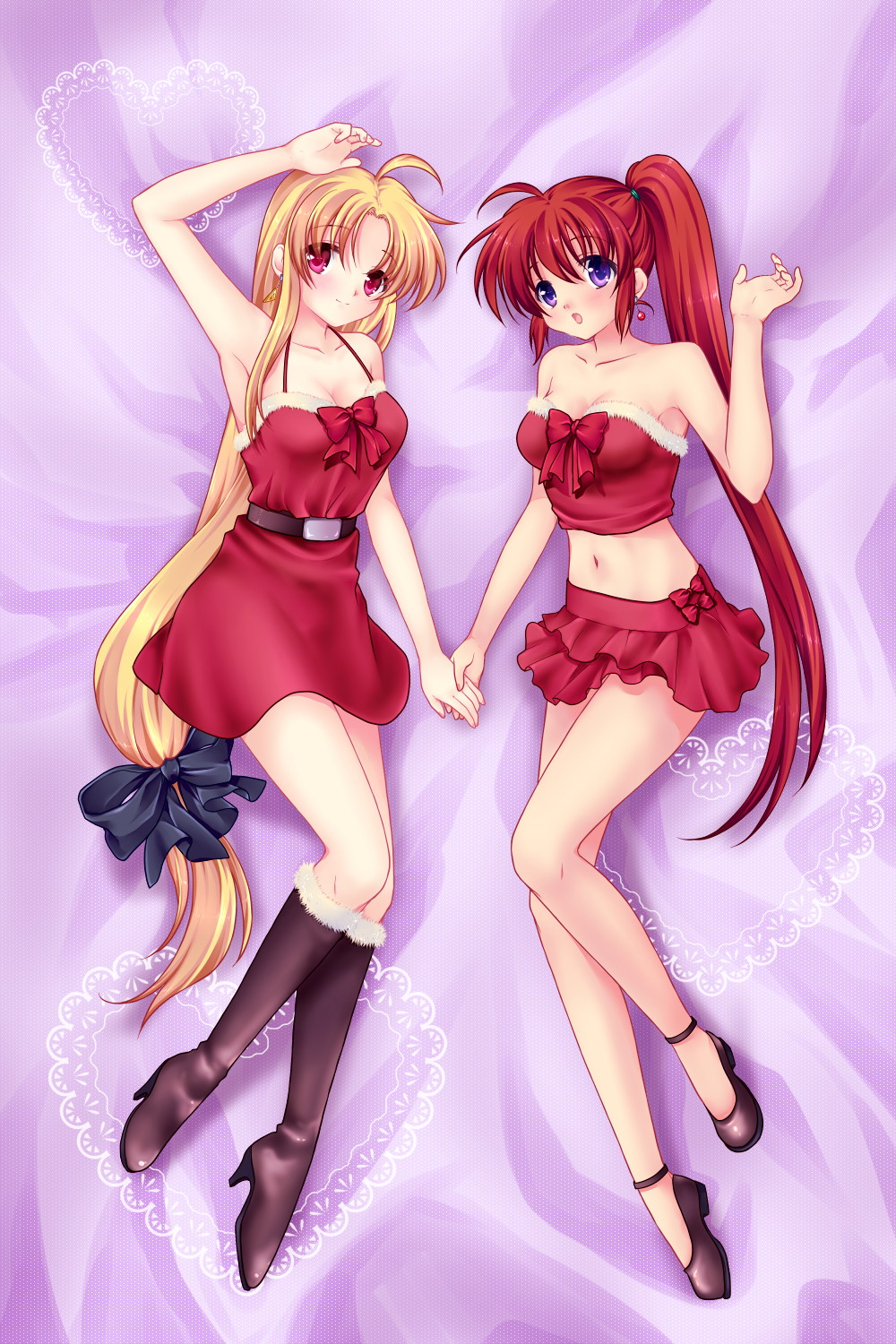 00s, 2girls, 467_(artist), bad_id, bad_pixiv_id, bardiche_(nanoha), bare_shoulders, blonde_hair, blush, christmas, earrings, fate_testarossa, heart, highres, holding_hands, jewelry, long_hair, low-tied_long_hair, lyrical_nanoha, mahou_shoujo_lyrical_nanoha, mahou_shoujo_lyrical_nanoha_strikers, midriff, multiple_girls, navel, ponytail, purple_background, purple_eyes, raising_heart, red_eyes, red_hair, skirt, strapless, takamachi_nanoha, very_long_hair, yuri