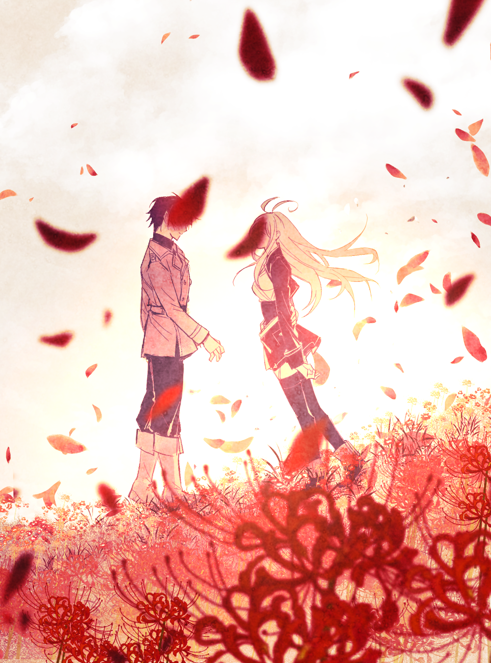 1boy, 1girl, 86_-eightysix-, boots, breasts, floating, flower, from_side, hair_behind_ear, high-waist_skirt, highres, jacket, legion_(86_is_romance), limited_palette, medium_breasts, military, military_uniform, petals, red_flower, shinei_nouzen, skirt, smile, spider_lily, thighhighs, vladilena_millize