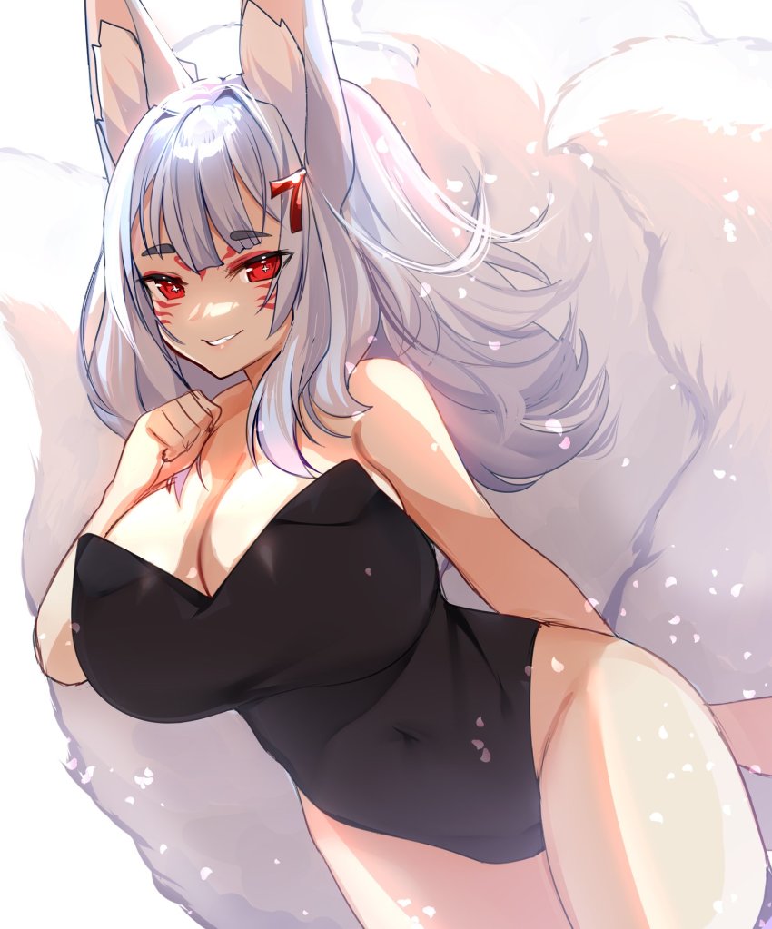 1girl, alinafoxglove, animal_ear_fluff, animal_ears, black_leotard, breasts, cleavage, clenched_hand, commentary, english_commentary, fox_ears, fox_girl, fox_tail, highres, large_breasts, leaning_forward, leotard, mature_female, medium_hair, mixed-language_commentary, multiple_tails, nijisanji, nijisanji_en, nina_kosaka, red_eyes, russian_commentary, silver_hair, smile, solo, tail, virtual_youtuber, white_background