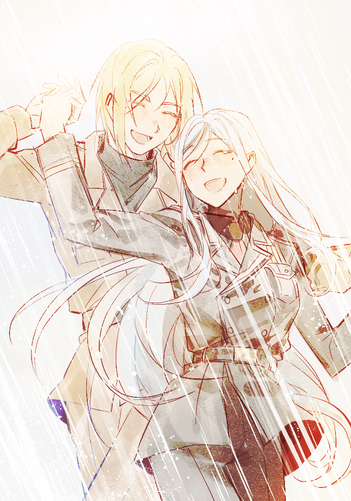 1boy, 1girl, 86_-eightysix-, anju_emma, black_sweater, blonde_hair, breasts, brown_jacket