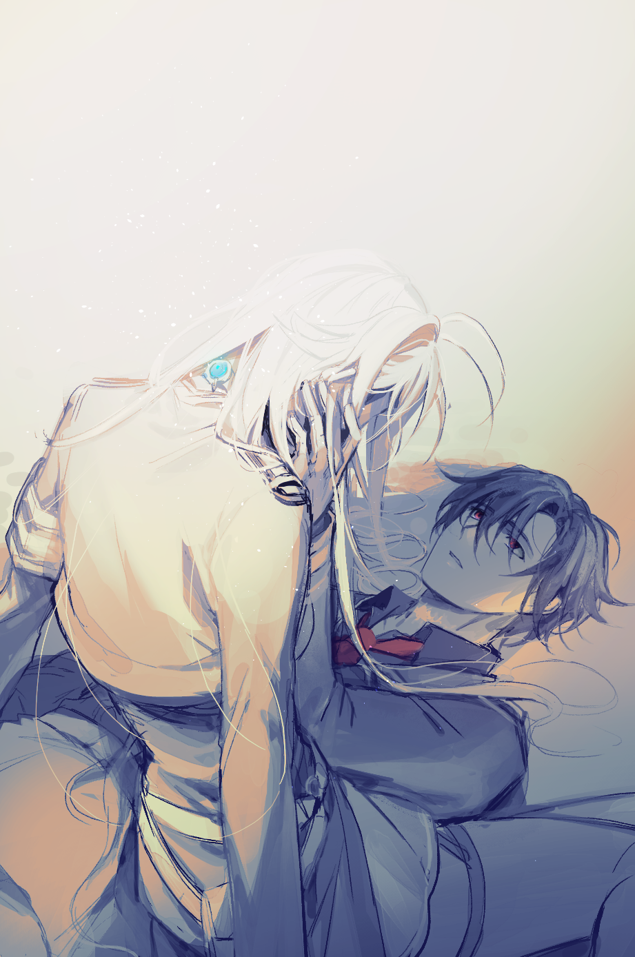 1boy, 1girl, 86_-eightysix-, ahoge, black_shirt, brown_hair, choker, cicada_(86_-eighty-six-), glowing, grey_skirt, highres, legion_(86_is_romance), long_hair, looking_up, lying, necktie, on_ground, parted_hair, parted_lips, red_eyes, red_necktie, shinei_nouzen, shirt, sitting, skirt, thigh_strap, vladilena_millize, white_hair