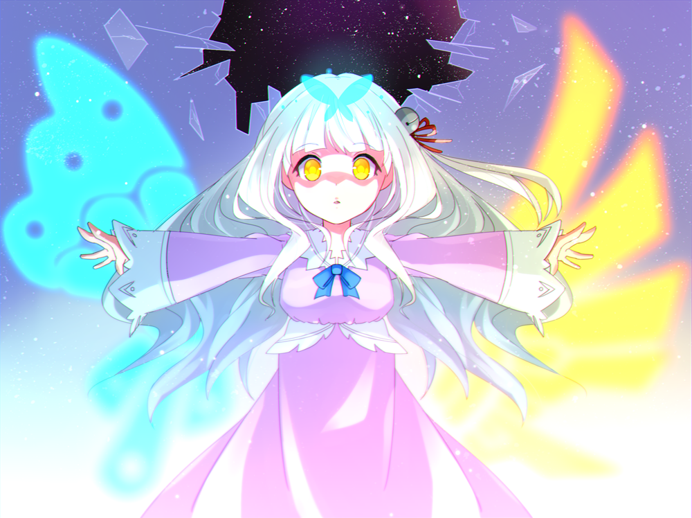 1girl, asymmetrical_wings, azure_striker_gunvolt, bell, blue_ribbon, blue_wings, dress, energy_wings