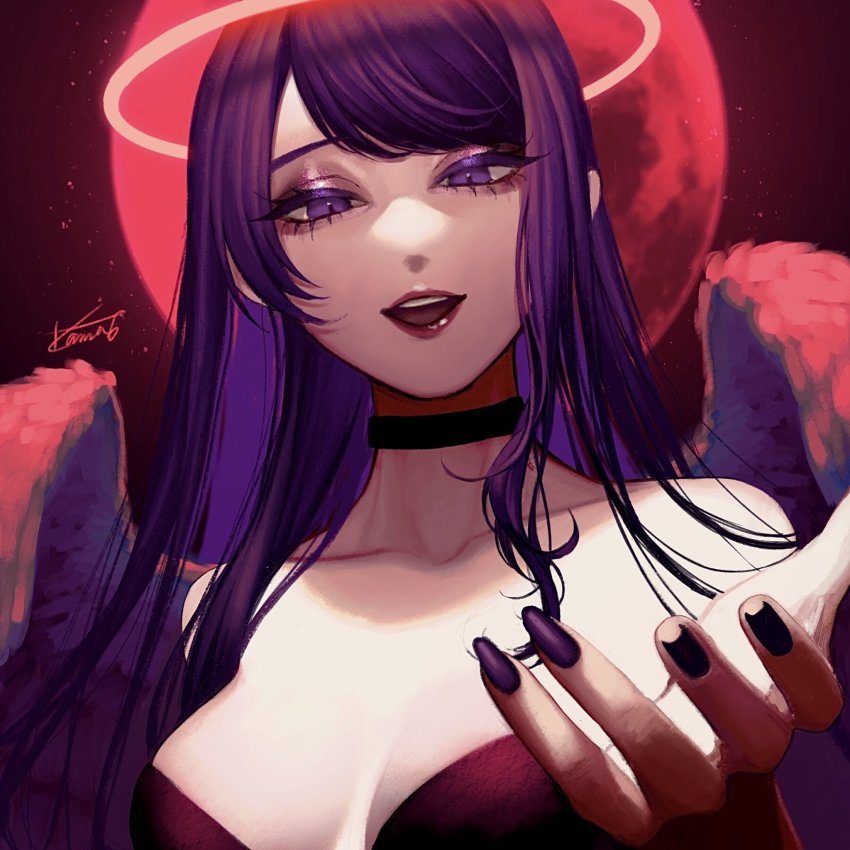 1girl, black_choker, black_eyes, black_hair, black_nails, choker, halo, hand_up