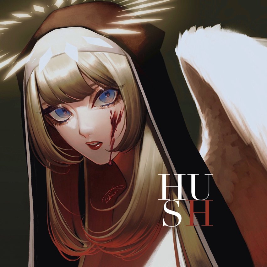 1girl, angel_wings, black_background, blood, blood_on_face, blue_eyes, brown_hair, feathered_wings