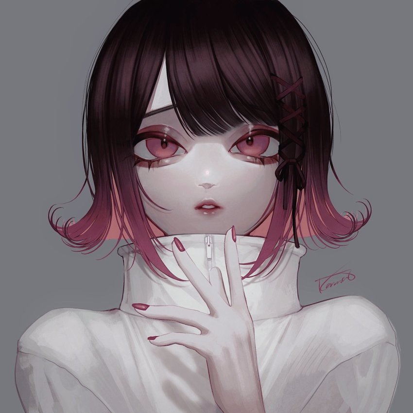 1girl, black_hair, flipped_hair, gradient_hair, grey_background, hair_ornament, hair_ribbon, hand_up