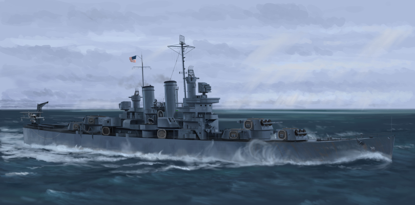 aircraft, airplane, american_flag, cannon, highres, lifeboat, military, military_vehicle, mo_yu_de_jiaozi, ocean, original, radar, ship, ship_turret, smokestack, united_states_navy, uss_helena_(cl-50), vehicle_focus, warship, water, watercraft, world_war_ii