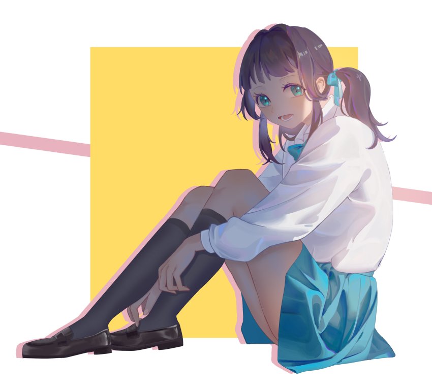 1girl, absurdres, aqua_bow, aqua_bowtie, aqua_eyes, aqua_ribbon, aqua_skirt, black_hair