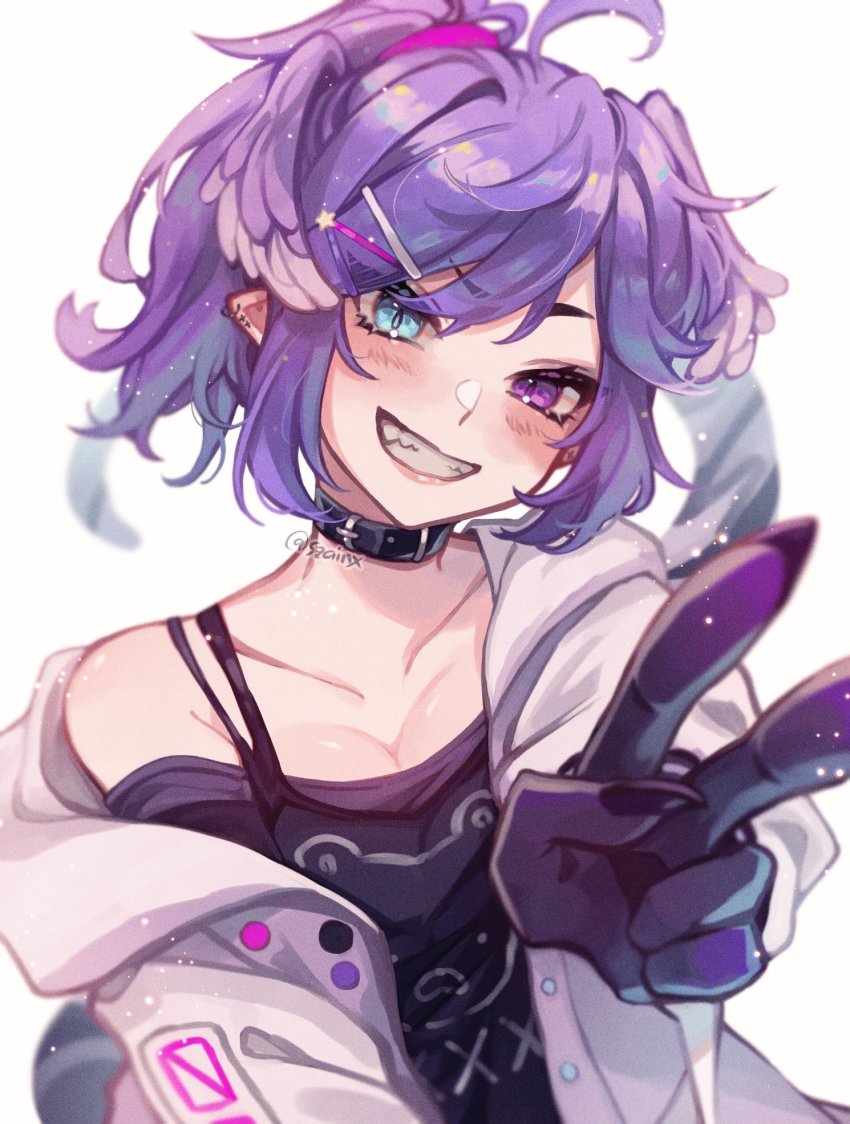 1girl, black_camisole, blue_eyes, breasts, camisole, cleavage, collarbone, dragon_tail