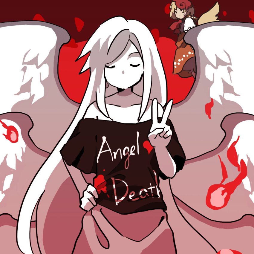 2girls, angel, bird_tail, bird_wings, black_shirt, blonde_hair, closed_eyes, clothes_writing