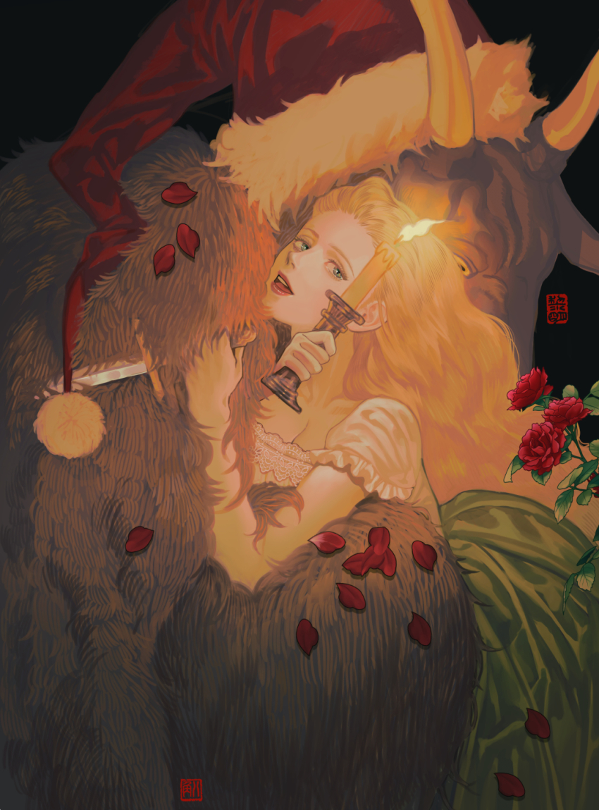 1boy, 1girl, black_background, blonde_hair, blue_eyes, body_fur, breasts, bull