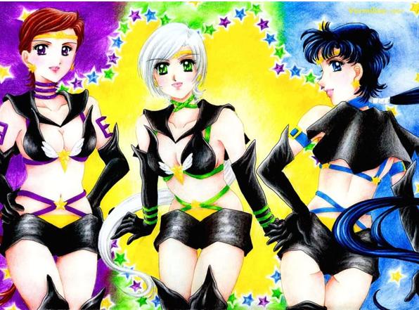 1990s_(style), 3girls, bishoujo_senshi_sailor_moon, bishoujo_senshi_sailor_moon_sailor_stars, black_hair, blue_eyes, blue_theme, breasts, brown_hair, cleavage, colorful, elbow_gloves, gloves, green_eyes, green_theme, kou_seiya, kou_taiki, kou_yaten, long_hair, multiple_girls, ponytail, purple_eyes, purple_theme, sailor_star_fighter, sailor_star_healer, sailor_star_maker, sailor_starlights, school_uniform, serafuku, silver_hair, smile, star_(symbol), tight_clothes, yellow_theme