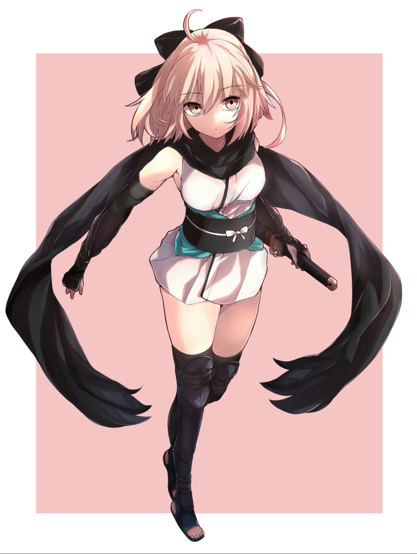 1girl, ahoge, arm_guards, black_bow, black_scarf, blonde_hair, bow, fate/grand_order