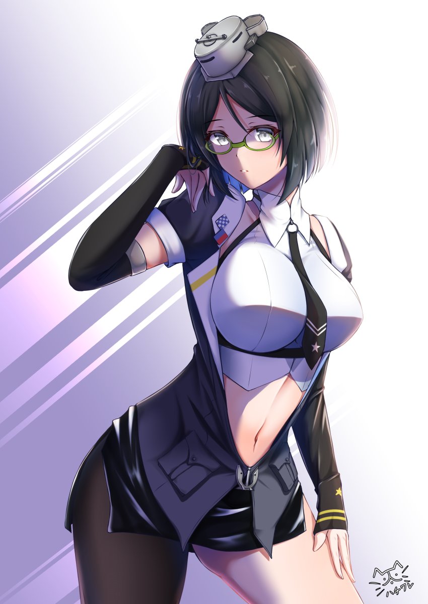1girl, arm_warmers, asymmetrical_legwear, black_hair, black_skirt, breasts, collarbone, collared_jacket