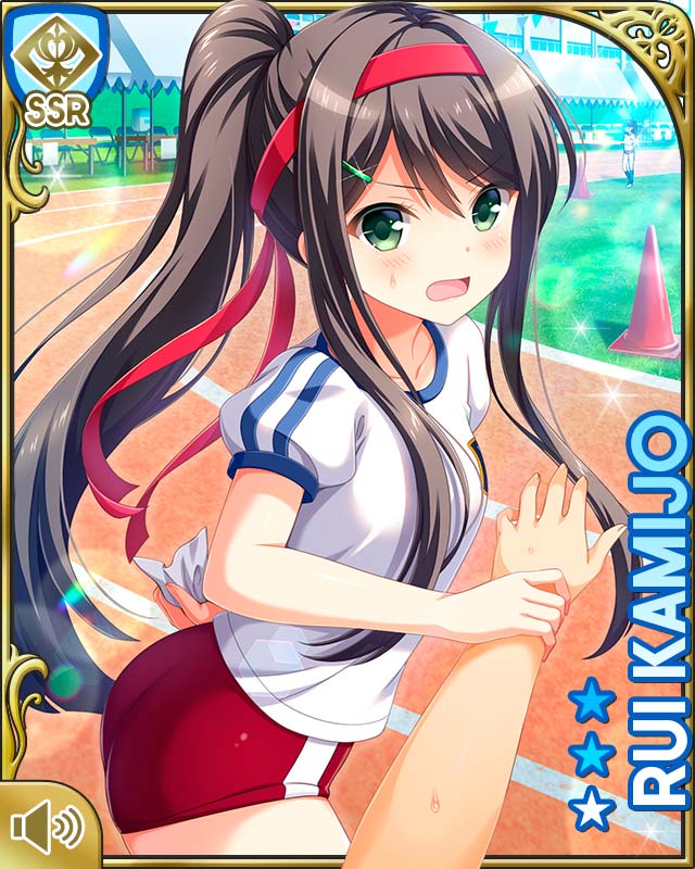 2girls, ass, black_hair, blush, breasts, buruma, card_(medium), character_name