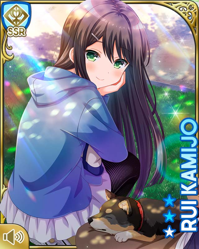 1girl, black_hair, black_legwear, blue_hoodie, blush, bow, breasts, card_(medium)