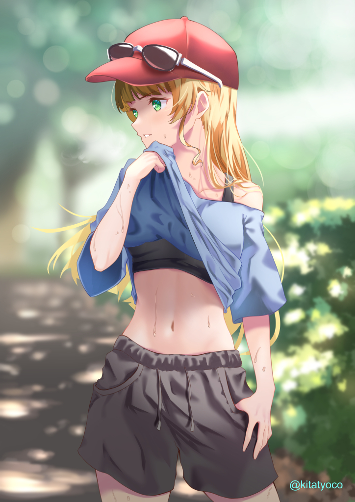 1girl, baseball_cap, black_tank_top, blonde_hair, blue_shirt, blurry, blurry_background, clothes_lift