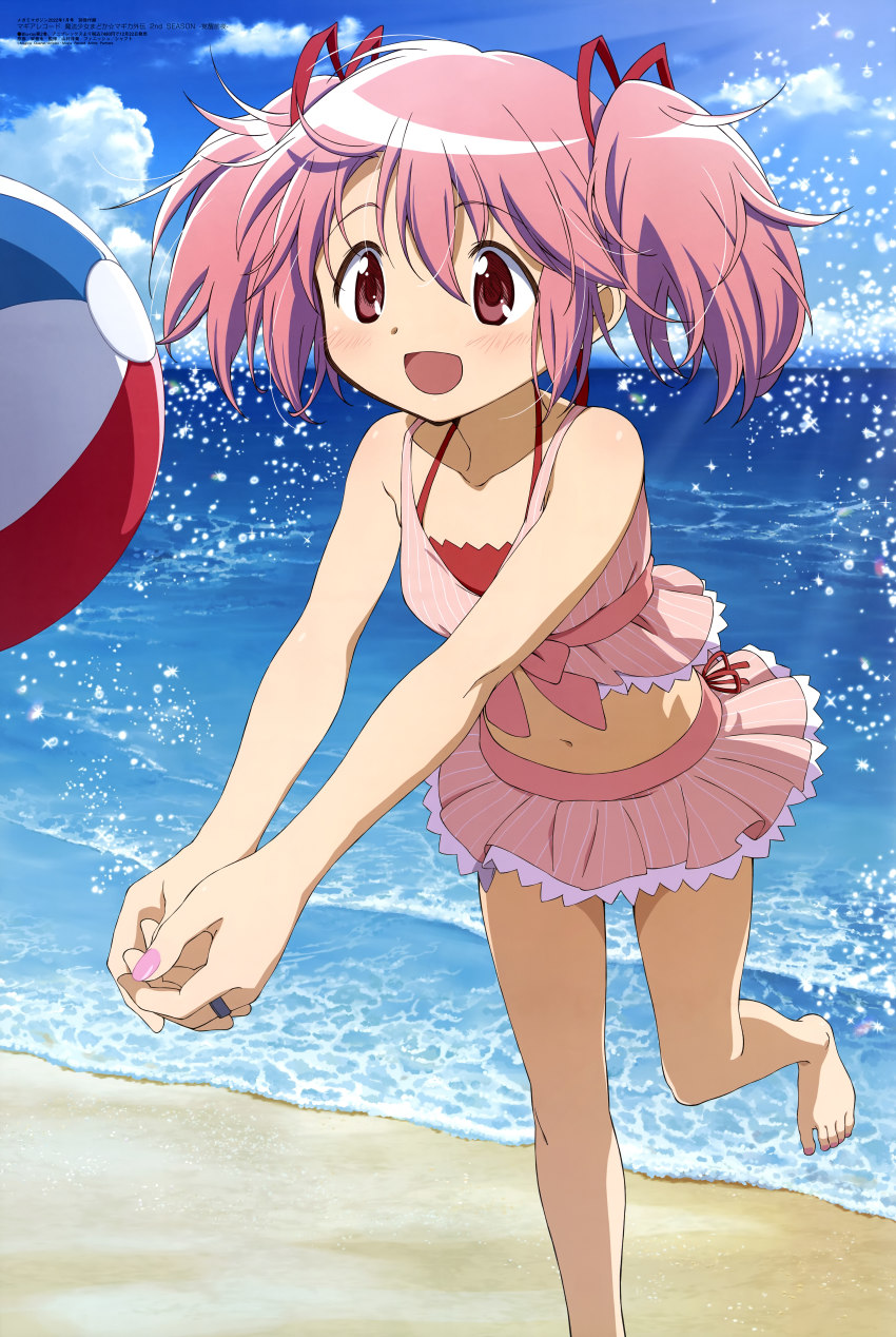1girl, :d, absurdres, ball, bare_arms, bare_legs, barefoot, beach, beachball, bikini, bikini_skirt, blue_sky, cloud, collarbone, day, hair_between_eyes, hair_ornament, highres, horizon, jewelry, kaname_madoka, kaname_madoka_(swimsuit_costume), layered_bikini, magia_record:_mahou_shoujo_madoka_magica_gaiden, mahou_shoujo_madoka_magica, megami_magazine, nail_polish, navel, ocean, official_art, open_mouth, outdoors, pink_bikini, pink_eyes, pink_hair, ring, scan, short_twintails, sky, smile, solo, sparkle, swimsuit, toes, twintails, water_drop