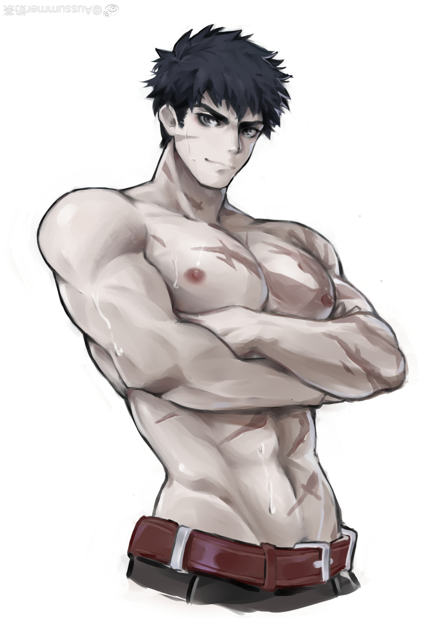 1boy, abs, absurdres, alchemy_stars, aussummer, bara, belt, black_hair
