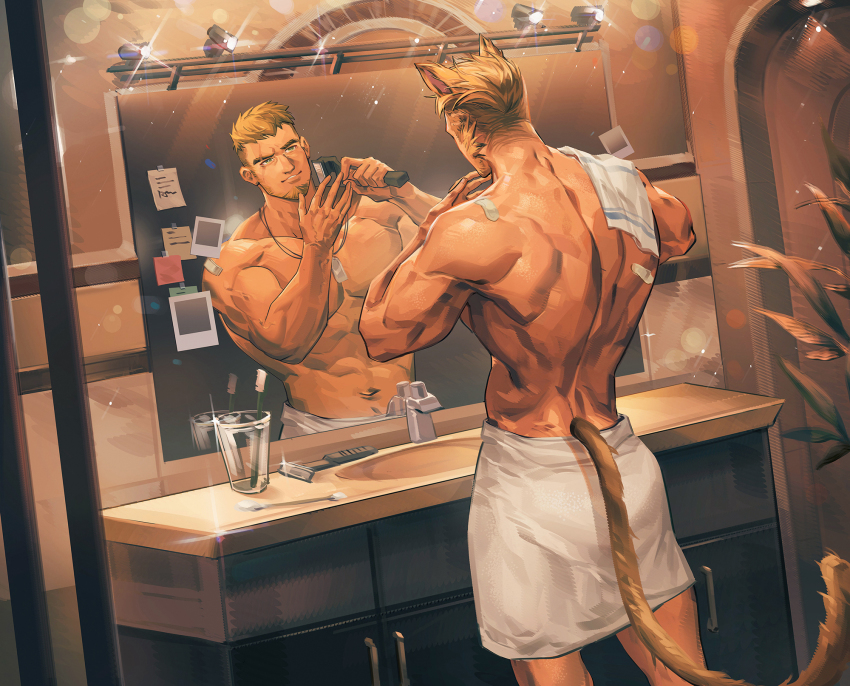 1boy, abs, animal_ears, ass, bara, bathroom, blonde_hair, brown_hair, cat_boy, cat_ears, cat_tail, commission, dark-skinned_male, dark_skin, different_reflection, ear_piercing, facial_hair, facial_scar, from_behind, goatee, hair_clipper, highres, holding, holding_razor, kemonomimi_mode, large_pectorals, male_focus, mature_male, mirror, multicolored_hair, muscular, muscular_male, naked_towel, navel, navel_hair, nipples, original, pectorals, piercing, razor, reflection, romg, romg_the_jaguar, safety_razor, scar, scar_across_eye, scar_on_cheek, scar_on_face, shaving, shaving_beard, short_hair, sideburns, spiked_hair, stomach, tail, tengo_(maotengo), thick_eyebrows, topless_male, towel, two-tone_hair, undercut