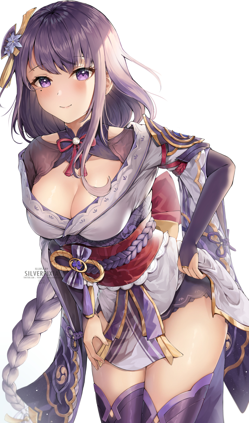 1girl, absurdres, braid, breasts, bridal_gauntlets, cleavage, clothes_lift, cowboy_shot