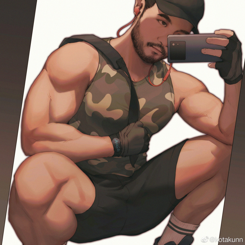 1boy, bara, bare_arms, bare_shoulders, baseball_cap, beard, between_pectorals, black_shorts
