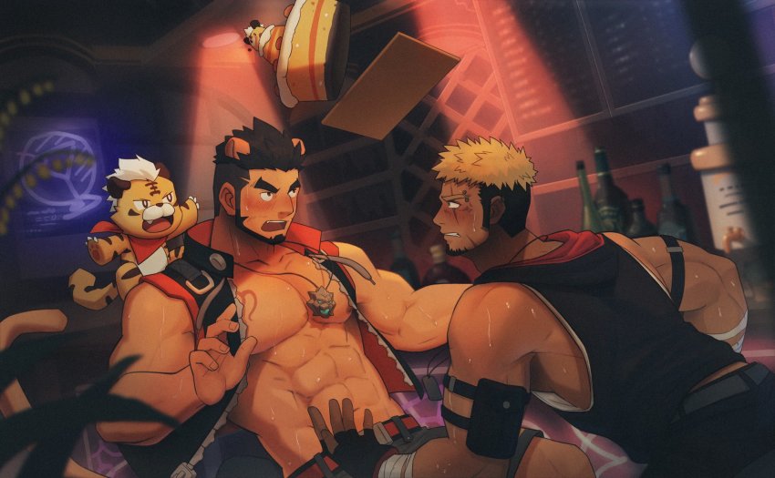 2boys, abs, alca_(wakatanka4), animal_ears, bara, bare_arms, bare_pectorals, bare_shoulders