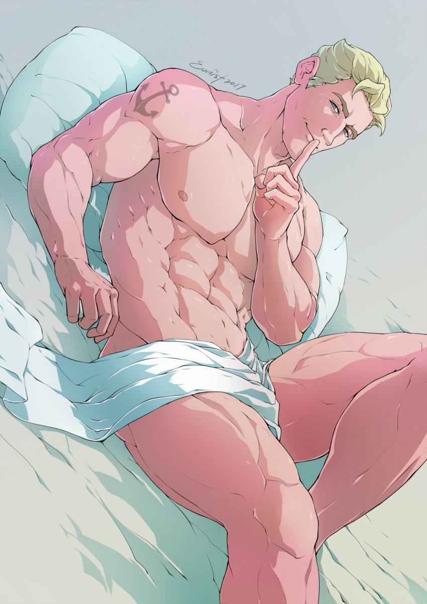 1boy, abs, arm_tattoo, artist_name, bara, bed, bed_sheet, blonde_hair