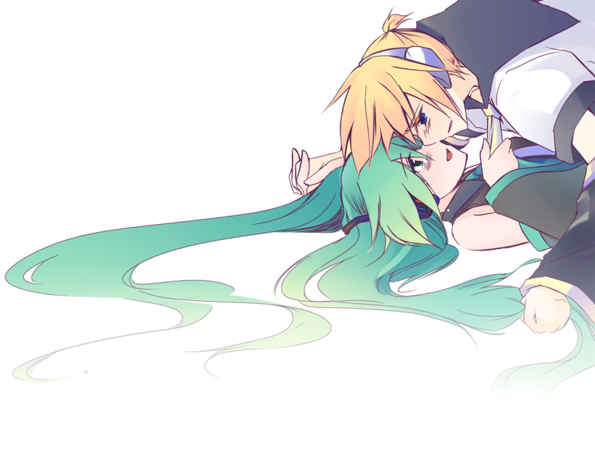 1boy, 1girl, aqua_eyes, aqua_hair, bad_id, bad_piapro_id, blonde_hair, couple