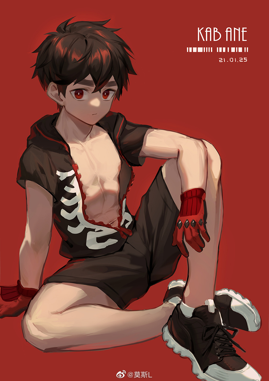 1boy, black_footwear, black_hair, black_shorts, closed_mouth, commentary_request, gloves, hair_between_eyes, highres, jacket, kemono_jihen, kusaka_kabane, large_pectorals, male_focus, mosi_l, pectorals, red_background, red_eyes, red_gloves, shoes, shorts, simple_background, stomach, unzipped