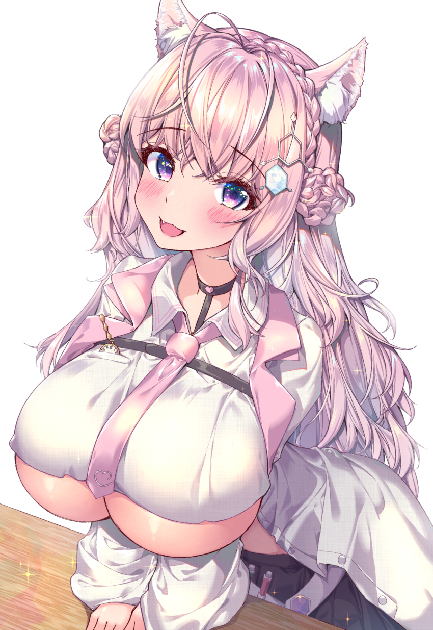 1girl, ahoge, alternate_breast_size_(larger), animal_ears, arm_support, black_skirt, blush, braid